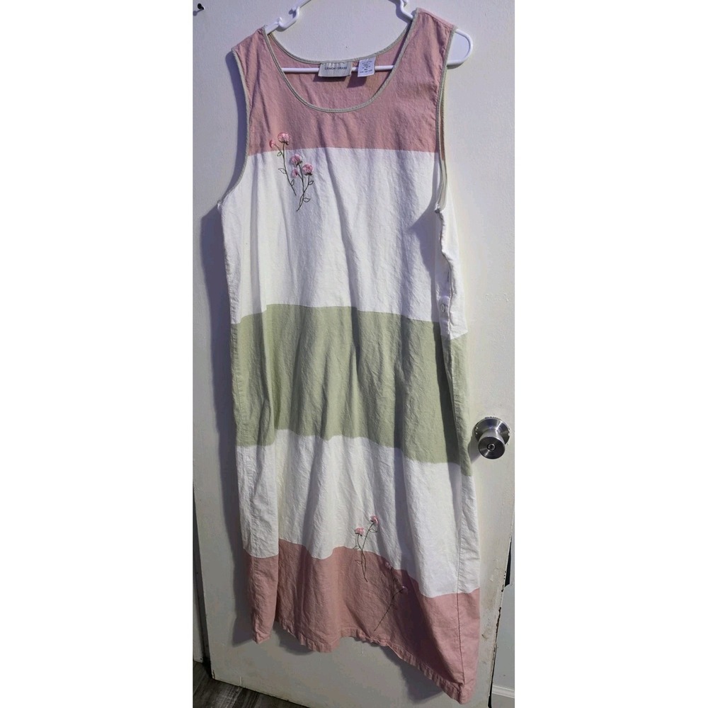 Lemon Grass Minimalist 100%Cotton Embroidered Feminine Shift Dress Sleeveless XL